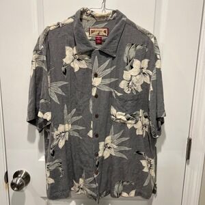 Caribbean Joe Mens Button Down Shirt Tropical Floral Rayon Grey XL‎
